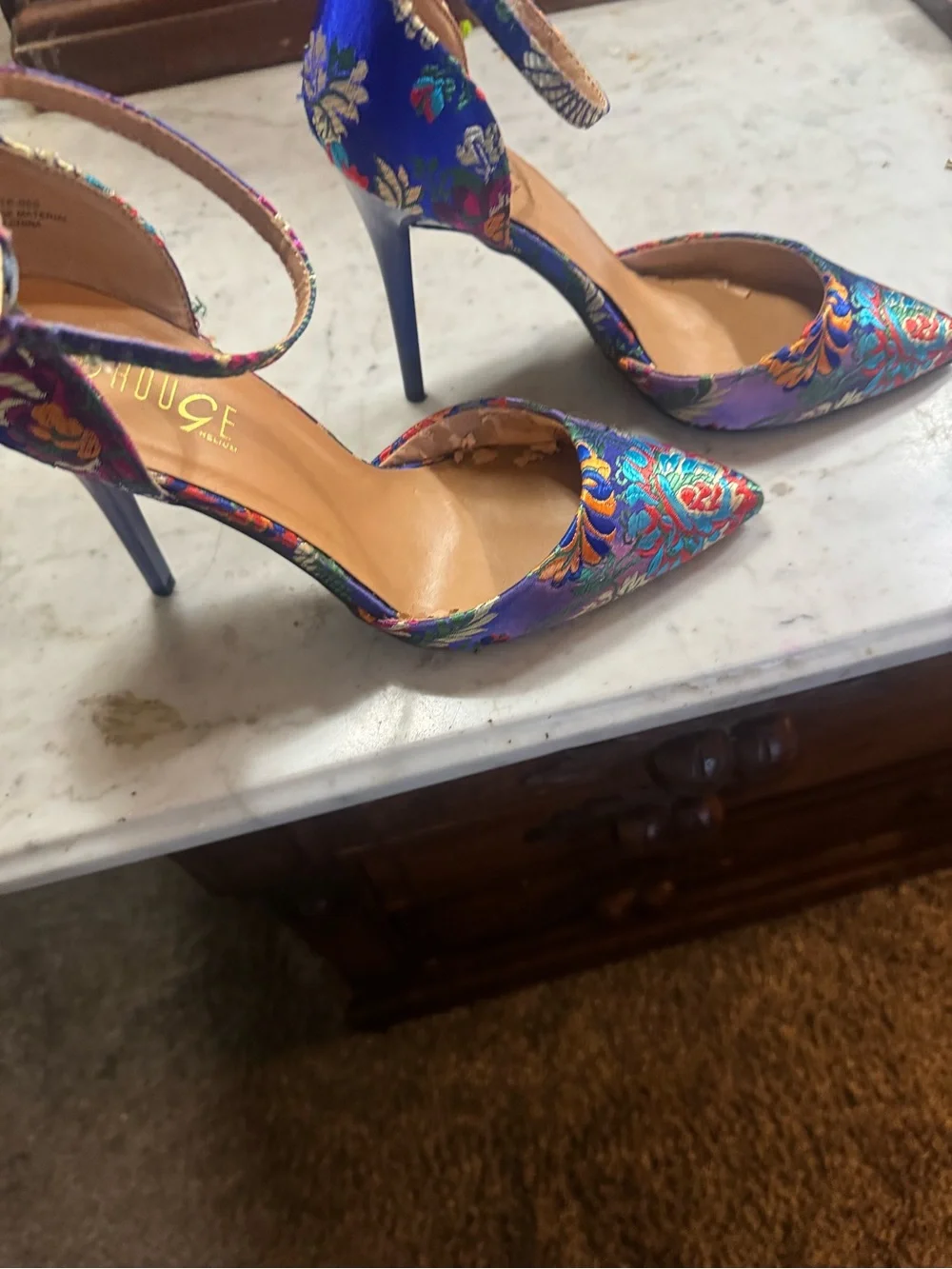 Women’s Blue Floral Ankle-Strap Pointed-Toe Heels